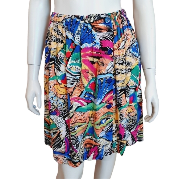 Vintage 90s Handmade Skirt size Medium to Large Rayon Abstract Mask Face Print - Picture 1 of 6